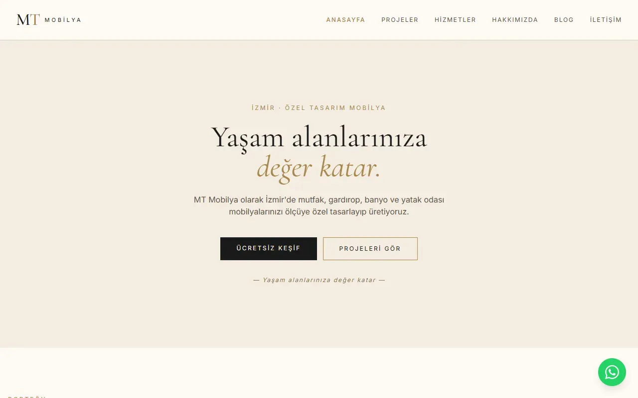 MT Mobilya sitesinin ana sayfası, masaüstü görünüm